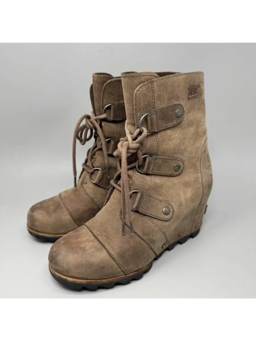 Sorel NL2305-256 Joan of Arctic Wedge Women's Brown Leather Mid Boots Sz USA 7